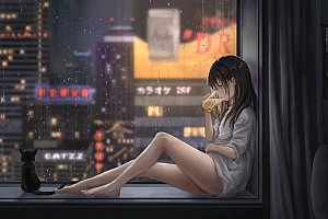 女孩喝啤酒 飘窗 城市夜景 雨天 猫 好看唯美4k动漫壁纸