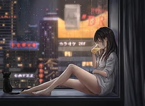 女孩喝啤酒 飘窗 城市夜景 雨天 猫 好看唯美4k动漫壁纸