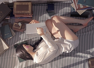 穿白色衬衫的可爱女孩 床上看书 美腿 二次元4K动漫壁纸
